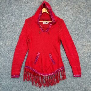 Alpaca Connection Handmade Peruvian Knit Sweater Women Medium Fringe Hooded Wool